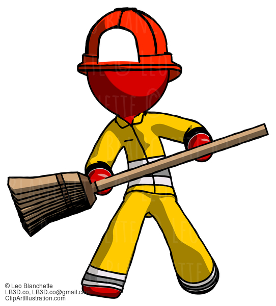 Red Firefighter Fireman Man Broom Fighter Defense Pose #13454