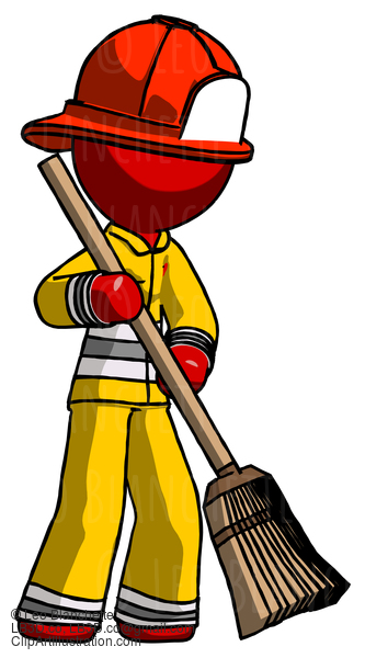 Red Firefighter Fireman Man Sweeping Area With Broom #13457