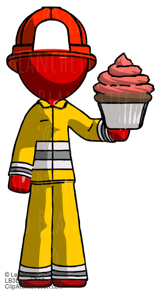 Red Firefighter Fireman Man Presenting Pink Cupcake To Viewer #13462