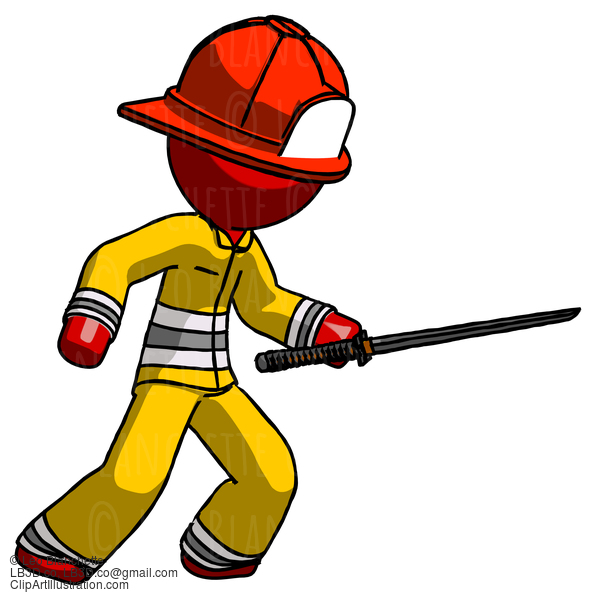 Red Firefighter Fireman Man Stabbing With Ninja Sword Katana #13463