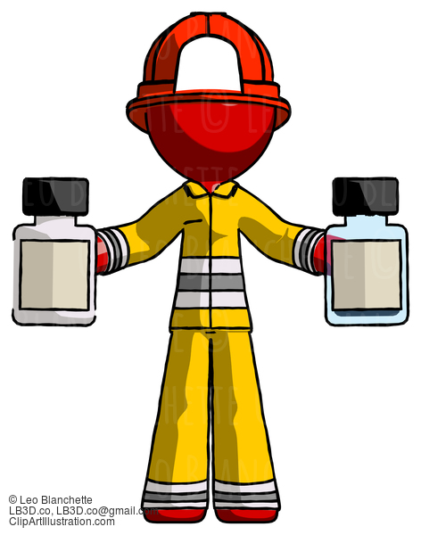 Red Firefighter Fireman Man Holding Two Medicine Bottles #13464