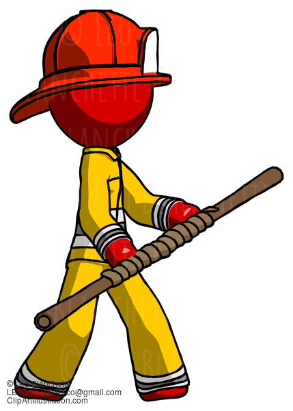 Red Firefighter Fireman Man Holding Bo Staff In Sideways Defense Pose #13467