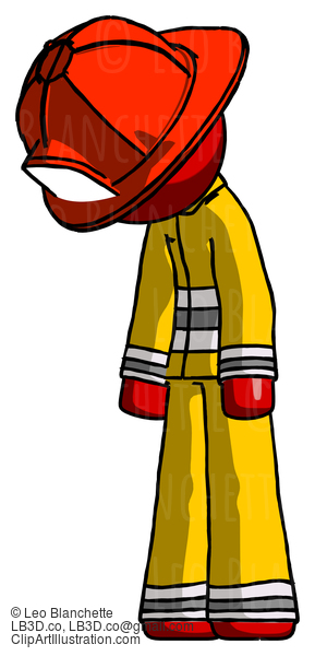 Red Firefighter Fireman Man Depressed With Head Down Turned Left #13471