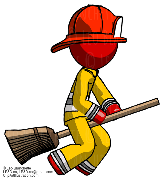 Red Firefighter Fireman Man Flying On Broom #13474