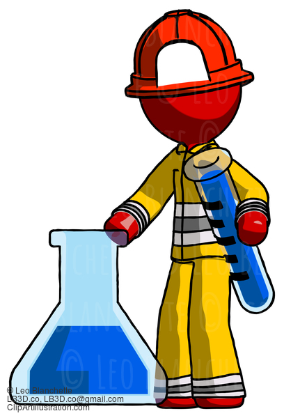 Red Firefighter Fireman Man Holding Test Tube Beside Beaker Or Flask #13475