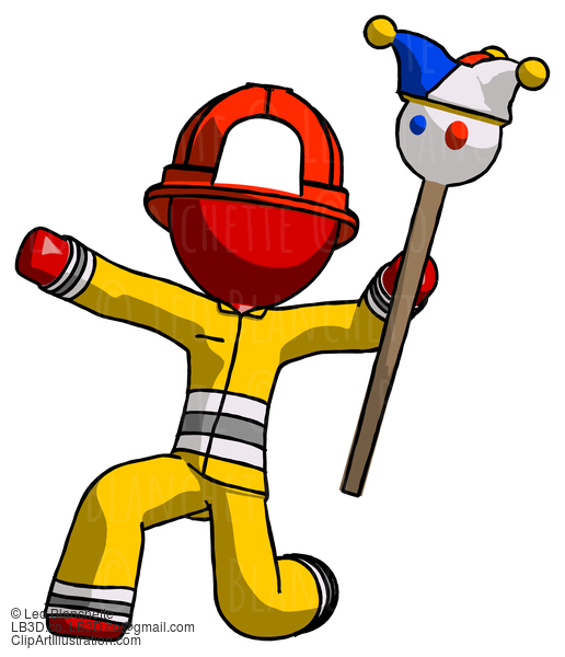 Red Firefighter Fireman Man Holding Jester Staff Posing Charismatically #13476