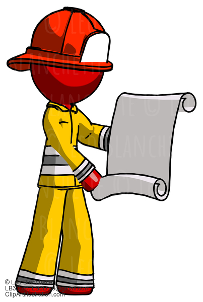 Red Firefighter Fireman Man Holding Blueprints Or Scroll #13478