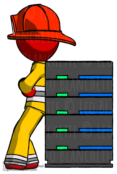 Red Firefighter Fireman Man Resting Against Server Rack #13480