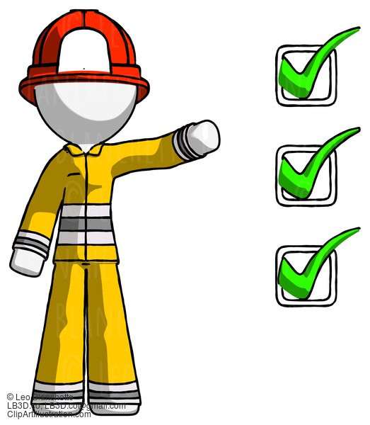 White Firefighter Fireman Man Standing By List Of Checkmarks #11967