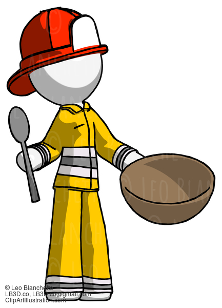 White Firefighter Fireman Man With Empty Bowl And Spoon Ready To Make Something #11969