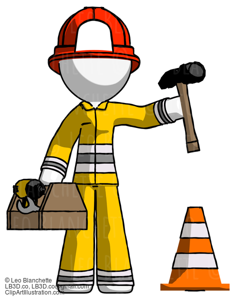 White Firefighter Fireman Man Under Construction Concept, Traffic Cone And Tools #11974