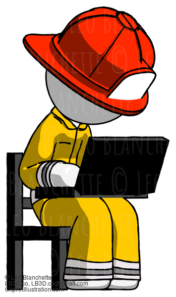 White Firefighter Fireman Man Using Laptop Computer While Sitting In Chair Angled Right #11984