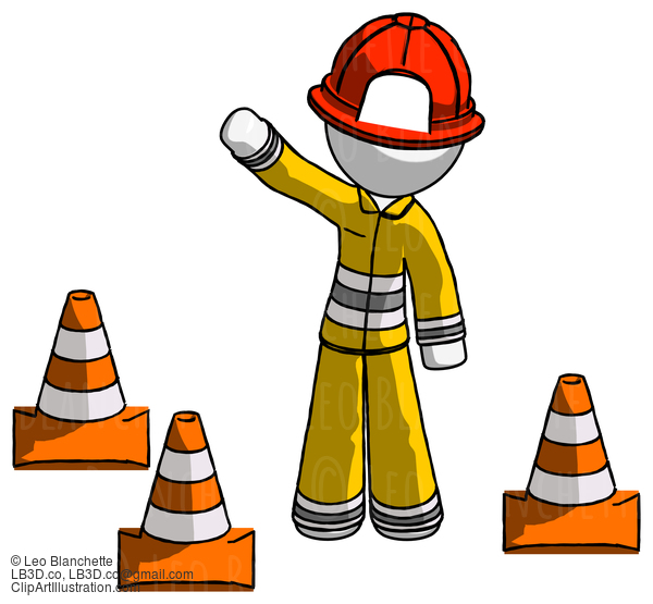 White Firefighter Fireman Man Standing By Traffic Cones Waving #11990