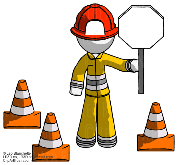 White Firefighter Fireman Man Holding Stop Sign By Traffic Cones Under Construction Concept #12010