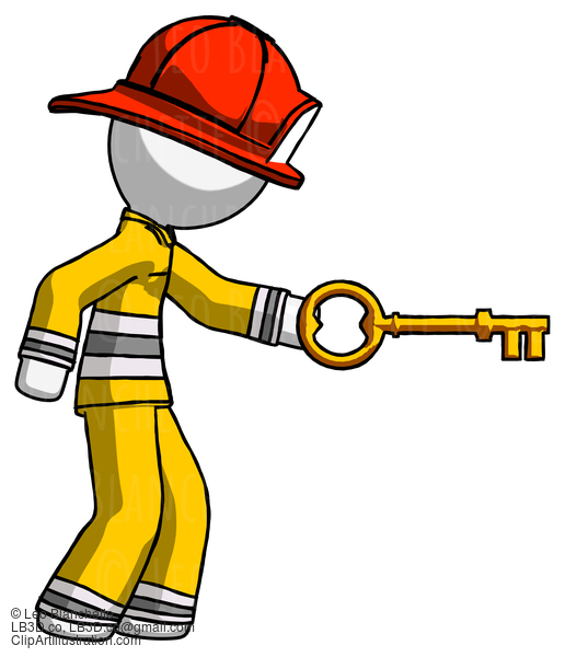 White Firefighter Fireman Man With Big Key Of Gold Opening Something #12011