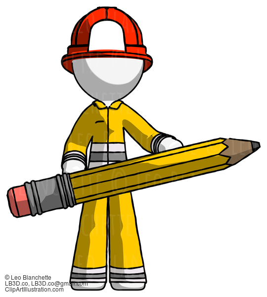 White Firefighter Fireman Man Writer Or Blogger Holding Large Pencil #12025