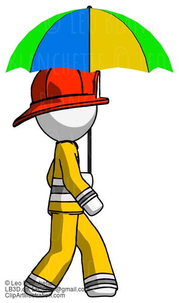 White Firefighter Fireman Man Walking With Colored Umbrella #12031