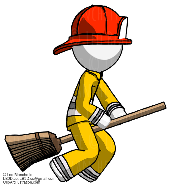 White Firefighter Fireman Man Flying On Broom #12036