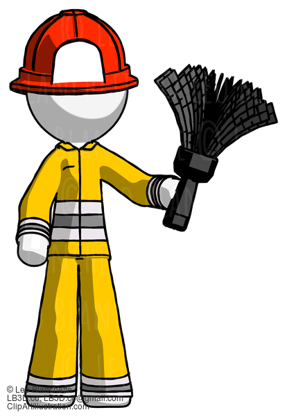 White Firefighter Fireman Man Holding Feather Duster Facing Forward #12037