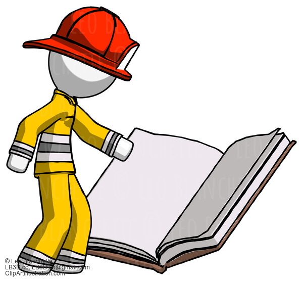 White Firefighter Fireman Man Reading Big Book While Standing Beside It #12044