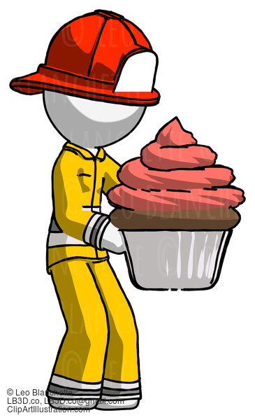 White Firefighter Fireman Man Holding Large Cupcake Ready To Eat Or Serve #12051