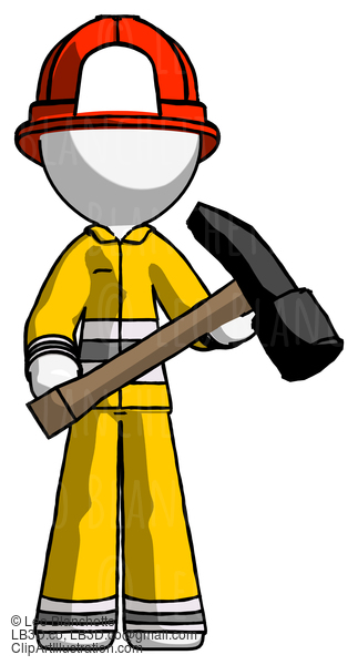 White Firefighter Fireman Man Holding Hammer Ready To Work #12057