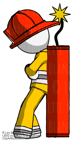 White Firefighter Fireman Man Leaning Against Dynimate, Large Stick Ready To Blow #12058