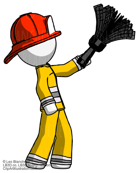 White Firefighter Fireman Man Dusting With Feather Duster Upwards #12059