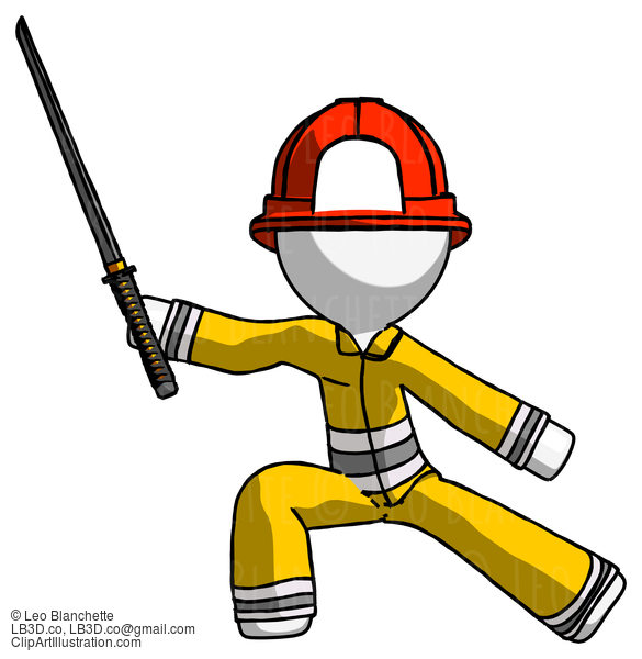 White Firefighter Fireman Man With Ninja Sword Katana In Defense Pose #12067