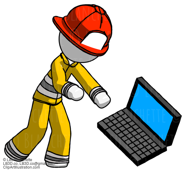 White Firefighter Fireman Man Throwing Laptop Computer In Frustration #12069