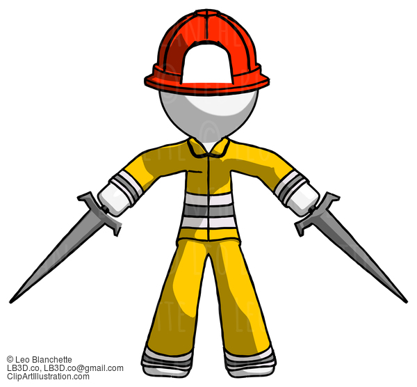 White Firefighter Fireman Man Two Sword Defense Pose #12071