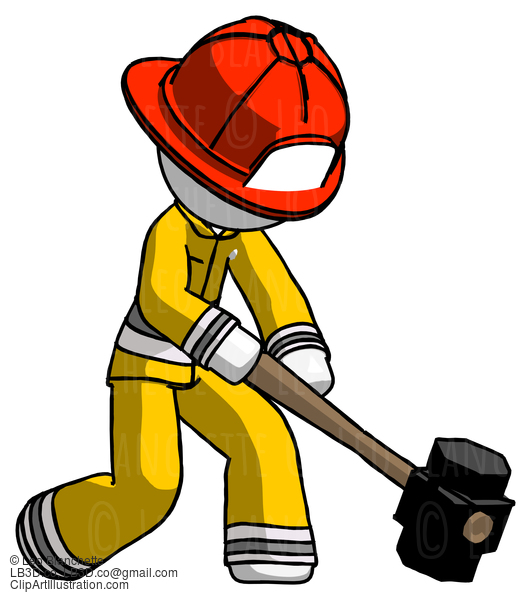 White Firefighter Fireman Man Hitting With Sledgehammer, Or Smashing Something At Angle #12072