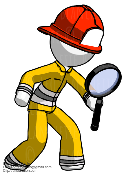 White Firefighter Fireman Man Inspecting With Large Magnifying Glass Right #12076