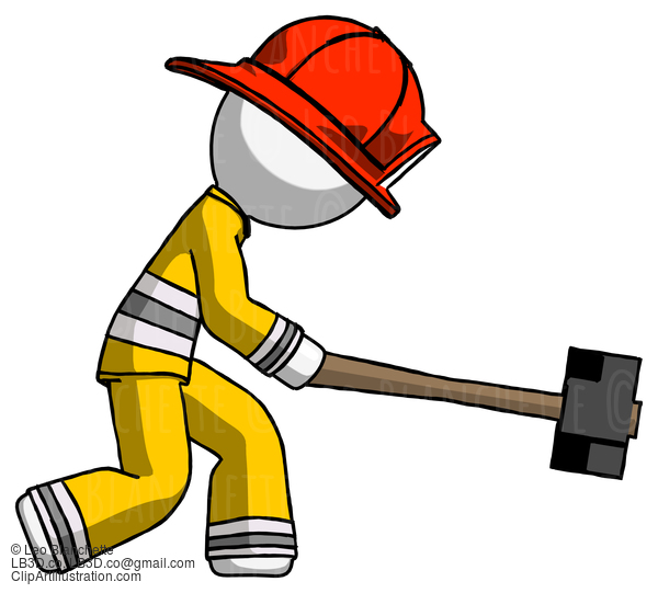 White Firefighter Fireman Man Hitting With Sledgehammer, Or Smashing Something #12079