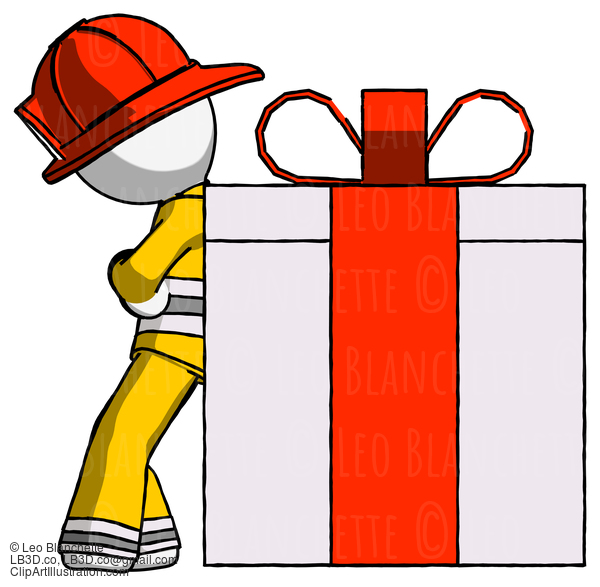 White Firefighter Fireman Man Gift Concept - Leaning Against Large Present #12081