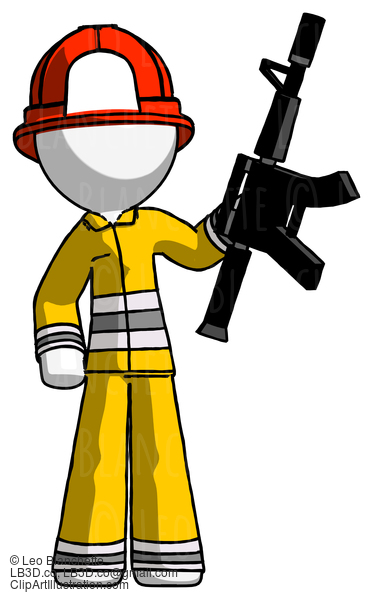 White Firefighter Fireman Man Holding Automatic Gun #12087