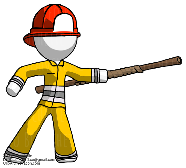 White Firefighter Fireman Man Bo Staff Pointing Right Kung Fu Pose #12089