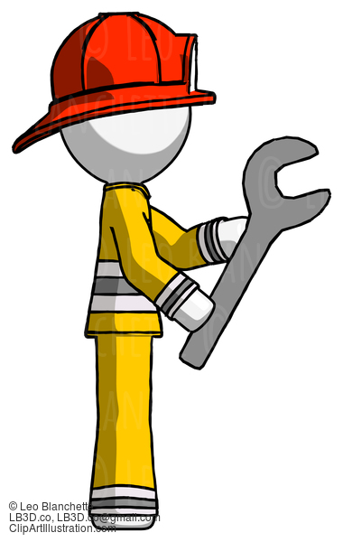 White Firefighter Fireman Man Using Wrench Adjusting Something To Right #12100