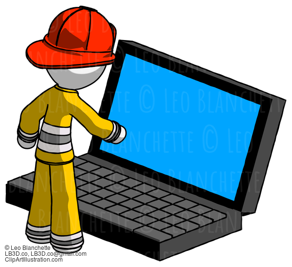 White Firefighter Fireman Man Using Large Laptop Computer #12110