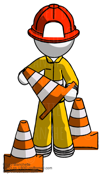 White Firefighter Fireman Man Holding A Traffic Cone #12114