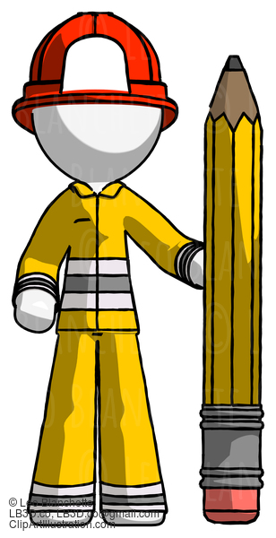 White Firefighter Fireman Man With Large Pencil Standing Ready To Write #12128