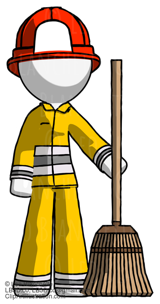 White Firefighter Fireman Man Standing With Broom Cleaning Services #12135