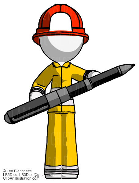 White Firefighter Fireman Man Posing Confidently With Giant Pen #12141