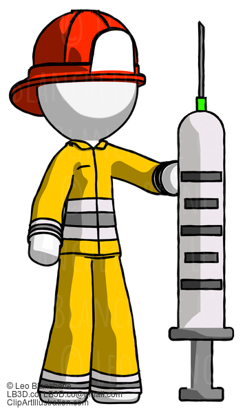 White Firefighter Fireman Man Holding Large Syringe #12146