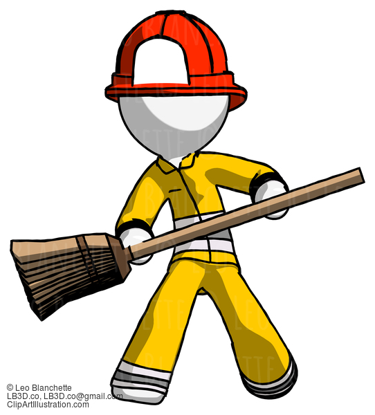 White Firefighter Fireman Man Broom Fighter Defense Pose #12159