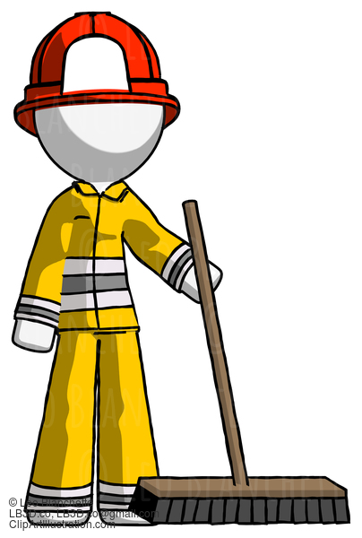 White Firefighter Fireman Man Standing With Industrial Broom #12165