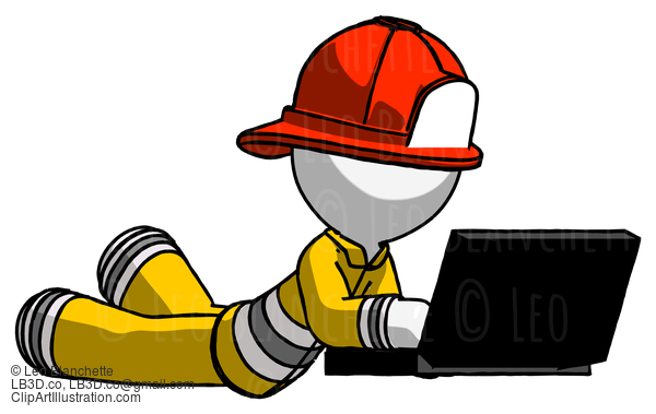 White Firefighter Fireman Man Using Laptop Computer While Lying On Floor Side Angled View #12174