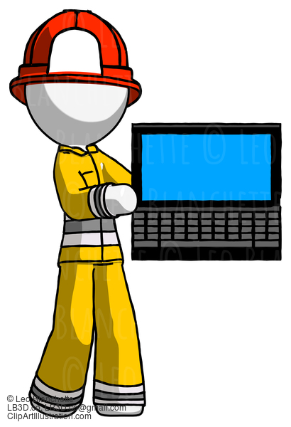 White Firefighter Fireman Man Holding Laptop Computer Presenting Something On Screen #12175