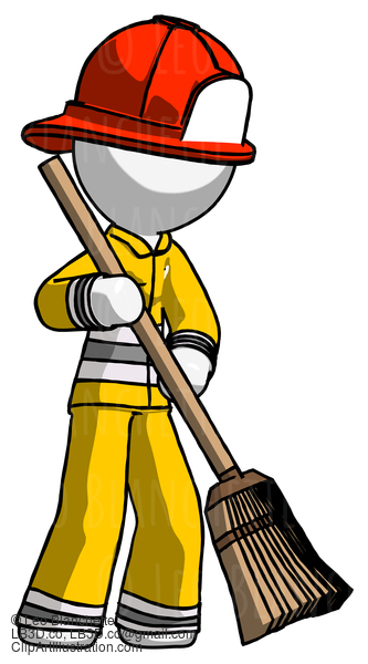 White Firefighter Fireman Man Sweeping Area With Broom #12178