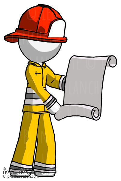 White Firefighter Fireman Man Holding Blueprints Or Scroll #12185